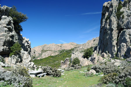 Trail to the archaeological nuragic area of Sos Nurattolosの写真素材