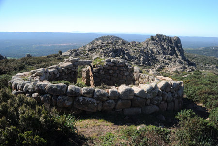 Trail to the archaeological nuragic area of Sos Nurattolos, nuragic temple at megaronの写真素材