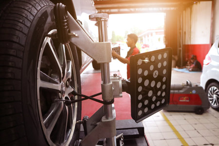 car wheel indoors service maintenance repair center against laser sensor equipment diagnostics and wheel alignmentのeditorial素材