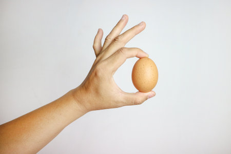 close up of asian man holding a raw brown chicken egg. Isolated on white backgroundの写真素材