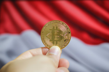 Indonesia flag and big amount of golden bitcoin coins and trading platform chart. Crypto currency conceptの写真素材