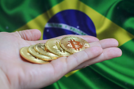 Hand of a man with a gold bitcone Cryptocurrency Digital bit of coins in a hand on a background of the flag of Brazil.の写真素材