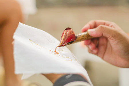 A woman is making batik. Batik is a traditional Indonesian cloth which is the ancestral heritage of the Indonesian peopleの写真素材
