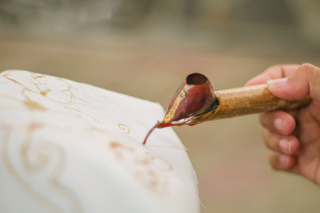 close up of hand holding canting, a tool for making batik with an isolated white background. Canting is a tool used to apply wax in the batik-making process. It comes in three types.の写真素材