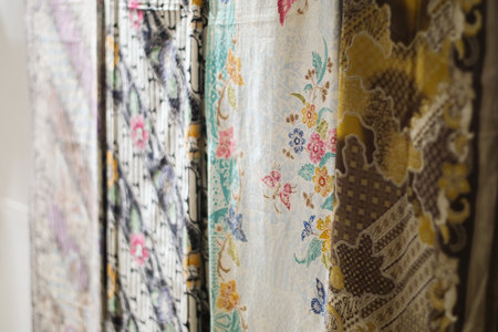 The beautiful and close up photo of batik cloth, with various motifs and colors.の写真素材