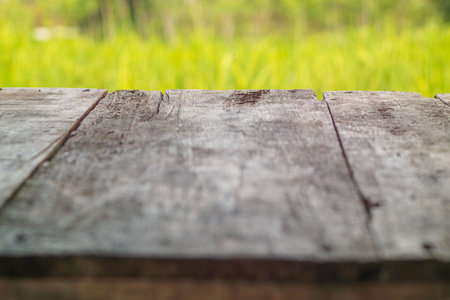 Wooden old table on rice field and cloud background. For your product placement or montage with focus to the table top in the foreground. Empty wooden brown shelf.の写真素材
