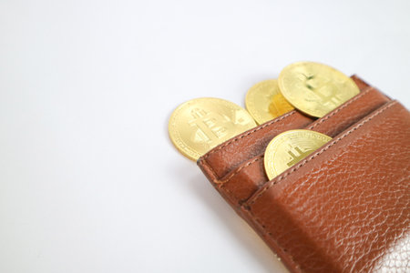 Golden coins in wallet. Virtual currency. New virtual money. Opened wallet.
