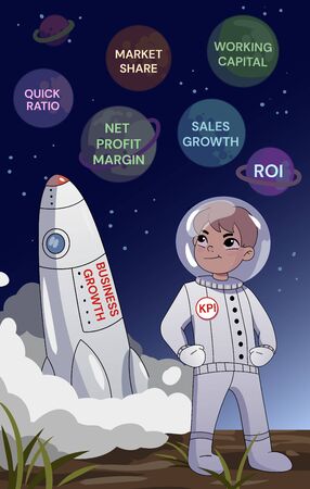 Business growth concept. A businessman in a space standing with folded arms above rocket lifting off, looking thoughtfully at planets with the names of the financial parametersのイラスト素材