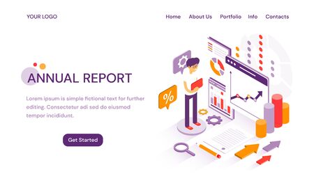 Annual Report online website template for delivering year end analytics and finances with copy space for text and illustrationのイラスト素材
