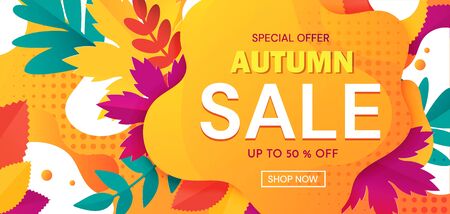Colorful banner advertising an Autumn Sale with 50 percent discounts and special offers with text on abstract orange surrounded by leaves. Vector Illustration.のイラスト素材