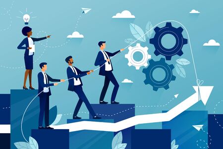 Concept of teamwork in business company. Business team walking to success. Female boss showing way to future success. Mutual support and assistance in work. Vector colorful illustration.のイラスト素材