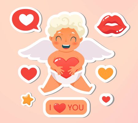 Greeting card. Holiday, event, festive letter. Beautiful happy cupid flying in clouds. Blonde angel holding love heart. I love you message. Vecor illustration. Isolated on pink backgroundのイラスト素材
