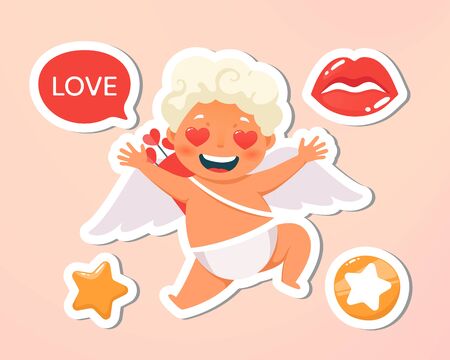 Greeting card. Holiday, event, wedding, festive letter. Beautiful happy cupid flying in clouds. Blonde angel holding with speech bubble. Vecor illustration. Isolated on pink backgroundのイラスト素材