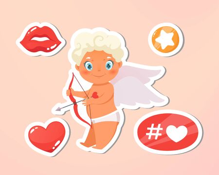 Valentines Day card. Holiday, event, festive letter. Beautiful happy cupid flying in clouds. Blonde angel holding arrow with bow. Love hashtag. Vecor illustration. Isolated on bright pink backgroundのイラスト素材
