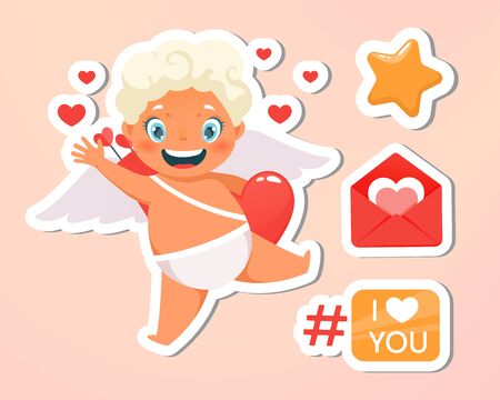 Greeting card. Holiday, event, festive letter. Beautiful happy cupid flying in clouds. Blonde angel waving. I love you hashtag. Vecor illustration. Isolated on bright pink backgroundのイラスト素材