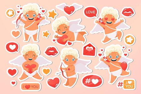 Beautiful happy cupid flying in clouds. Angel congratulates on holiday. Valentines Day set cards. Wedding, oliday, event, festive collection letters. Vecor illustration. Isolated on pink background.のイラスト素材