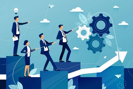 Business team walking to successful. Leader showing way to future success. Mutual support and assistance in work. Concept of teamwork in business company. Vector colorful illustration.のイラスト素材