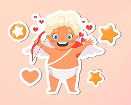 Greeting card. Holiday, event, festive letter. Beautiful happy cupid flying in clouds. Blonde angel holding arrow with bows. Vecor illustration. Isolated on bright pink backgroundのイラスト素材