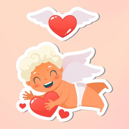 Greeting card. Valentines Day card and letter. Holiday, event, wedding, festive banner. Beautiful happy cupid flying in clouds. Angel holding love heart. Vecor illustration. Isolated on backgroundのイラスト素材