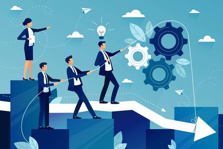Concept of teamwork in business company. Business team walking to success. Female boss showing way to future success. Mutual support and assistance in work. Vector colorful illustration.のイラスト素材