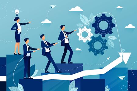 Concept of teamwork in business company. Business team walking to success. Female boss showing way to future success. Mutual support and assistance in work. Vector colorful illustrationのイラスト素材