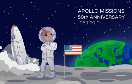 American astronaut standing on the moon alongside the USA flag with a rocket in the background commemorating the Apollo Missions 50th Anniversary. Earth rising in the background. Cartoon style. Vectorのイラスト素材