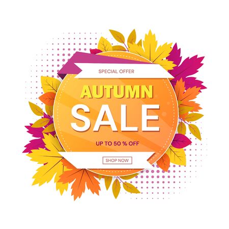 Autumn Sale sign with circular motif with text surrounded by colorful leaves for seasonal special offers and 50 percent discount.のイラスト素材