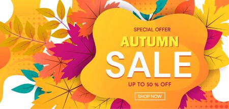 Colorful banner advertising an Autumn Sale with 50 percent discounts and special offers with text on abstract orange surrounded by leaves. Vector Illustration.のイラスト素材