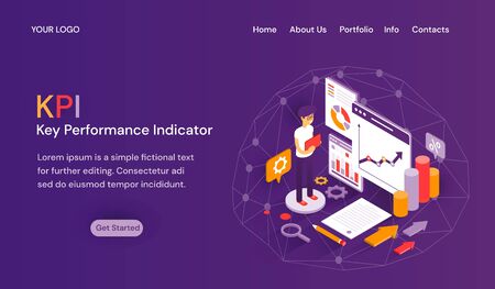 KPI Key Performance Indicator website template with header tabs, room for text above a Get Started buttonのイラスト素材