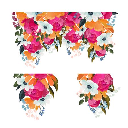 Collection of floral elements with bunches of mixed colorful summer flowers and dainty blossom isolated on white for design templatesのイラスト素材