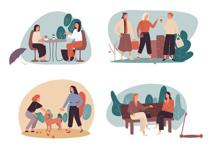 Set of four Free Time or Leisure cartoon illustrations with women enjoying coffee together, walking in an urban park, walking the dog and sitting chatting on a park bench. Flat Vector illustration.のイラスト素材