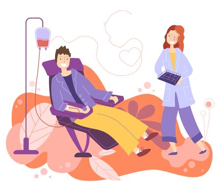 Man receiving a blood transfusion in a hospital with a young female nurse in attendance in a healthcare or donate blood concept, flat colorful cartoon vector illustrationのイラスト素材