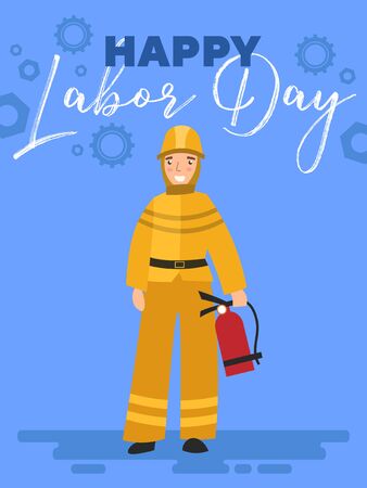 Happy Labor Day poster or greeting card design with a Fireman standing with extinguisher under text over a blue background, colorful vector cartoon, illustration.のイラスト素材