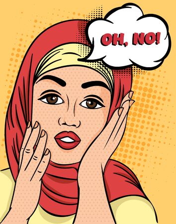 Pretty Muslim Woman in hijab exclaiming - Oh, No raising her hands to her cheeks with a concerned expression, colorful Pop Art Vector illustration.