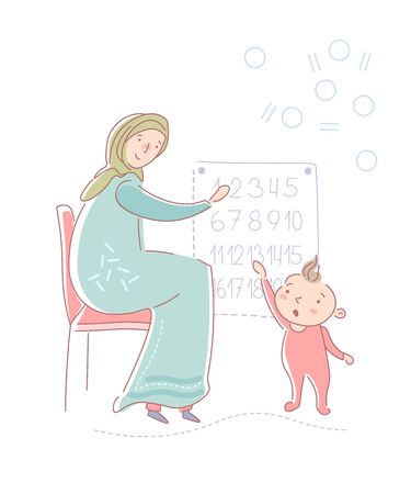 Young muslim mother wearing a headscarf and traditional muslim dress teaching her young daughter numbers from a wall chart in preschool. Vector illustration.のイラスト素材