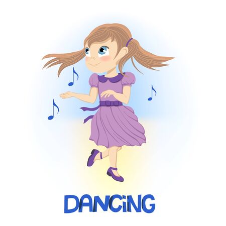 Happy little girl in purple dress dancing near floating musical notesのイラスト素材