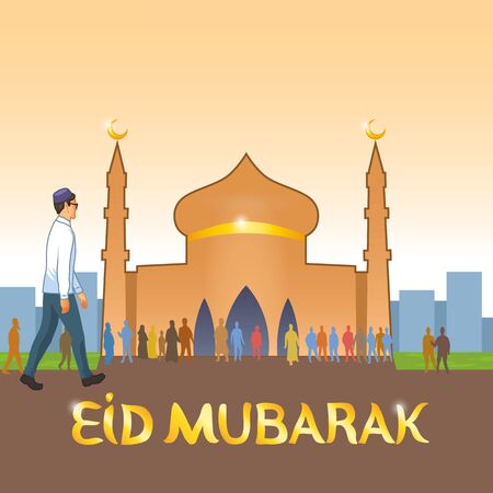 young dressed in European clothes Muslim goes to the mosque to celebrate the Muslim holidayのイラスト素材