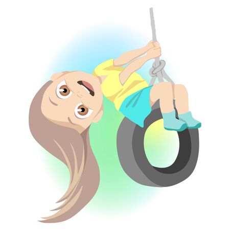 Little girl swinging on swing on playground. Happy child have fun and smiling. Summer vacations. Concept of funny childhood lifestyle. Vector colorful illustration. Isolated on white backgroundのイラスト素材
