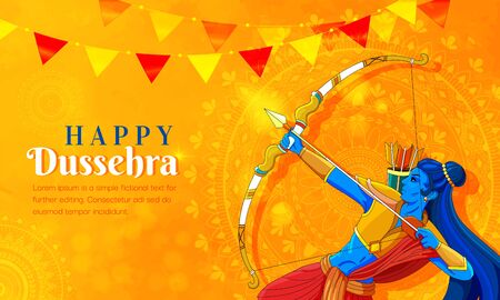 illustration of Lord Rama killing Ravana in Navratri festival of India poster for Happy Dussehra.のイラスト素材
