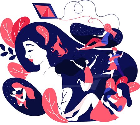 Woman having nostalgic flashback memories of her life as she remembers her childhood flying kites, being a teenager, dating, romance, love, having a babyのイラスト素材