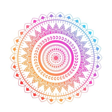 Round gradient mandala on white isolated background. Vector boho mandala in green and pink colors. Mandala with floral patterns.のイラスト素材