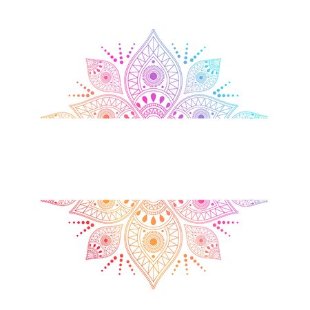 Colorful intricate mandala with central white ribbon for copy space incorporating different symbols in a geometric patternのイラスト素材