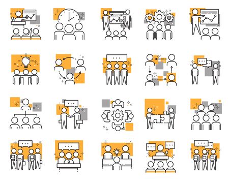 set of different meeting icons: meetings, brainstorm, group team people, conference, leader, discussionのイラスト素材
