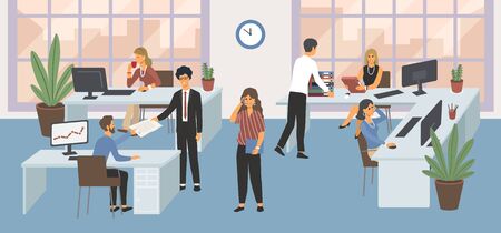 Group of office workers sitting at desks and communicating with the customersのイラスト素材