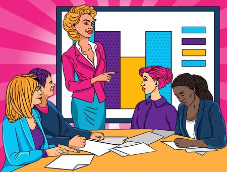 Businesswoman giving a presentation to colleagues at the office pointing to statistical graphsのイラスト素材