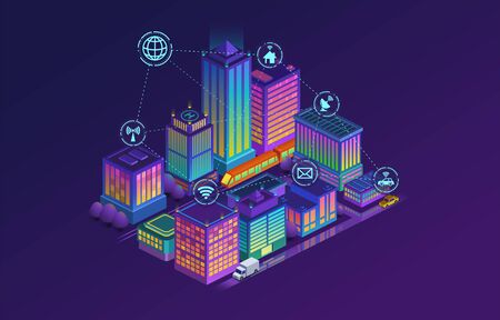 Smart city concept. Building automation with computer networking. Vector illustration