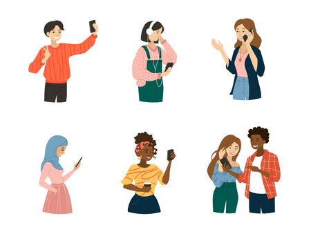Set of Young People using Smartphonesのイラスト素材