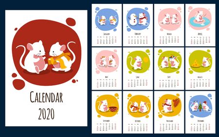 2020 calendar design with cute little white miceのイラスト素材