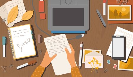 Hands holding paper sheet with handwritten text. Hands holding paper sheet with handwritten text. Vector illustrationのイラスト素材