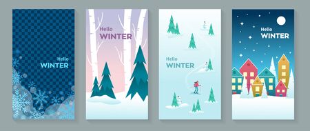 Set of Hello Winter vector postcards or background images oriented vertically, with snowy landscape, snowflakes, trees and cozy town in snowfallのイラスト素材
